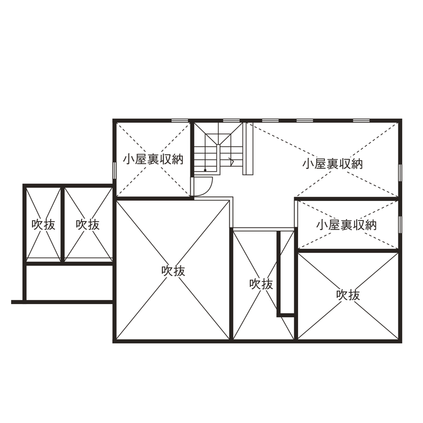 しのだ工務店 【和モダン/平屋/2000万円台】清々しくて、ほっと寛げる。漆喰と無垢材で描くシンプルで真っ白な家の間取り図（3LDK）小屋裏