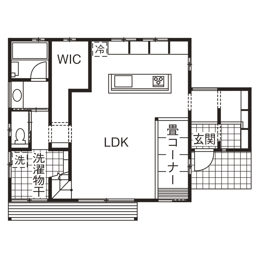 しのだ工務店 【2000万円台】漆喰と無垢材のコントラストが美しい。癒されるデザインと暮らしやすい間取りの家の間取り図（2LDK）1階