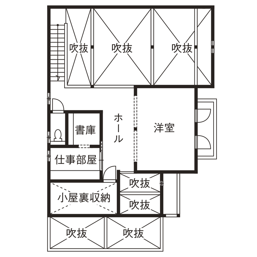 しのだ工務店 【2000万円台】造作の書庫で楽しむ読書時間。木の香りと漆喰の美しさに満ち溢れた自然素材の住まいの間取り図（3LDK）2階