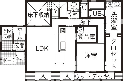 しのだ工務店 【2700万円台/平屋＋α】漆喰と木の質感に癒される。笑顔のアイデアで絆を育む家の間取り図（2LDK）１階