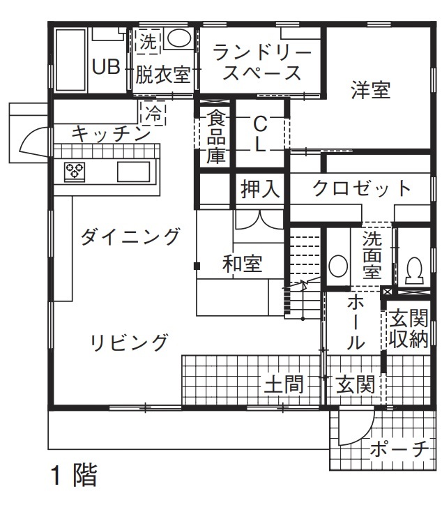しのだ工務店 漆喰と木の癒しが決め手に。寒さ知らずで家事ラクな白い家の間取り図（2LDK）1階