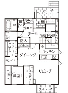 しのだ工務店 無垢材と漆喰の癒し。家事動線の効率化で家族との時間を満喫の間取り図（6LDK）1階