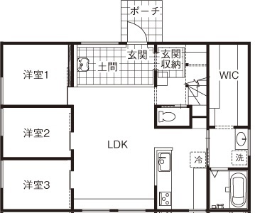 しのだ工務店 無垢材と漆喰の癒し。家事動線の効率化で家族との時間を満喫の間取り図（4LDK）1階