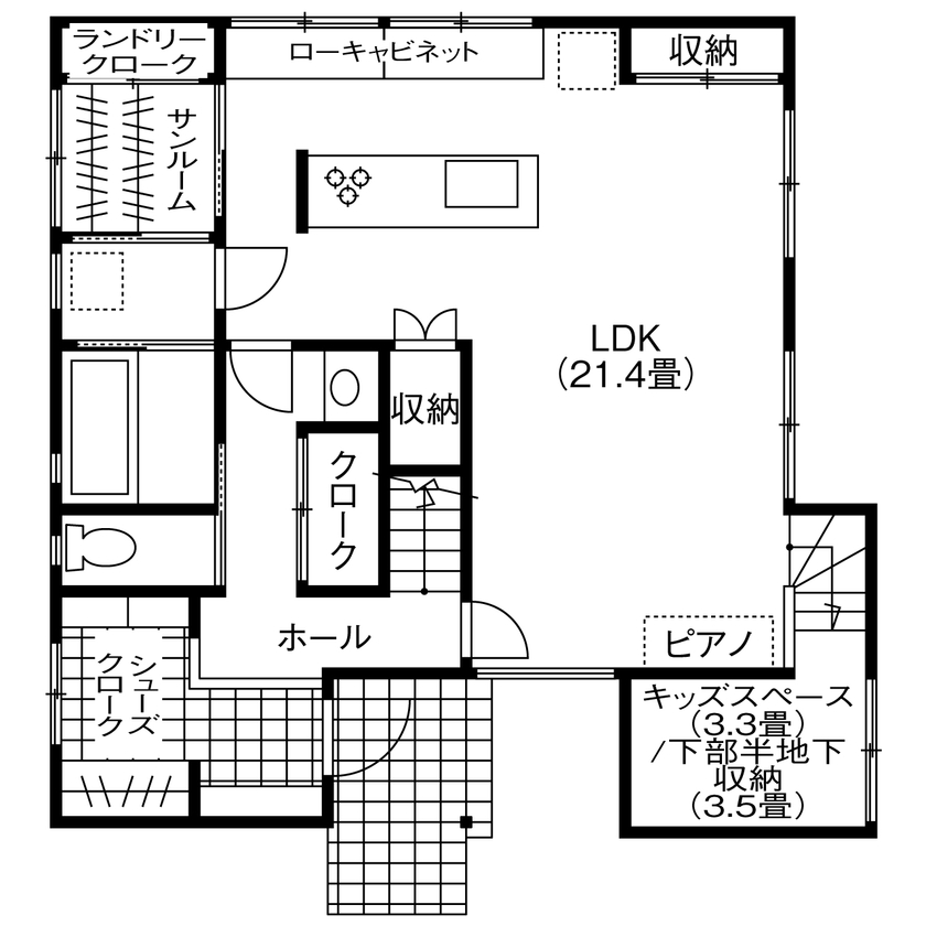 マイホームタナカ 【富山市/間取有/2000万円台】長期優良住宅で冬も暖か、家事ラク動線のサンルームやキッズスペースのある家の間取り図（4LDK）1階