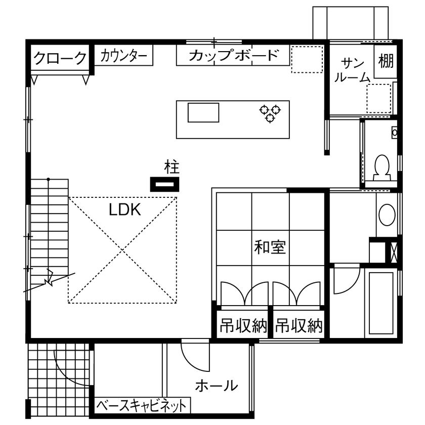 マイホームタナカ 【砺波市/間取有/2000万円台】吹き抜けとアイランドキッチン。家族の気配を感じるリゾートホテルのような家の間取り図（4LDK）1階