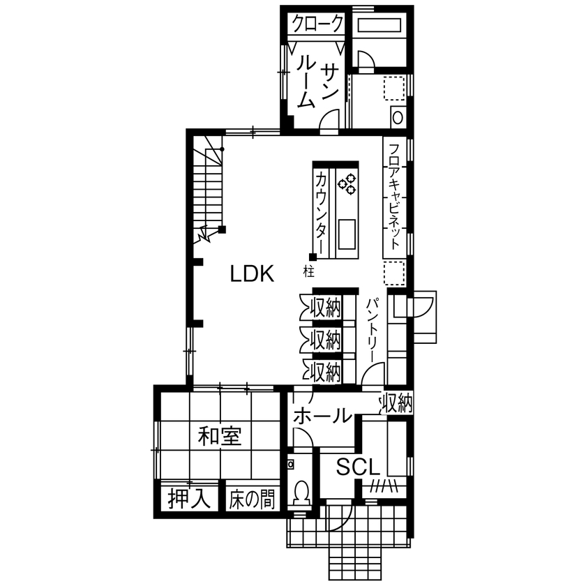 マイホームタナカ 【高岡市/間取図/2000万円台】解放感のある吹抜けにリビング階段。サンルームにはランドリークロークを設置の間取り図（4LDK）1階
