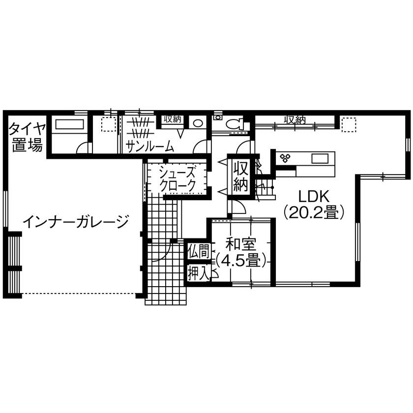 マイホームタナカ 【2600～2699万円】ママの目線で設計したインナーガレージの家。ガレージからパントリーへダイレクトの間取り図（4LDK＋ガレージ）1階
