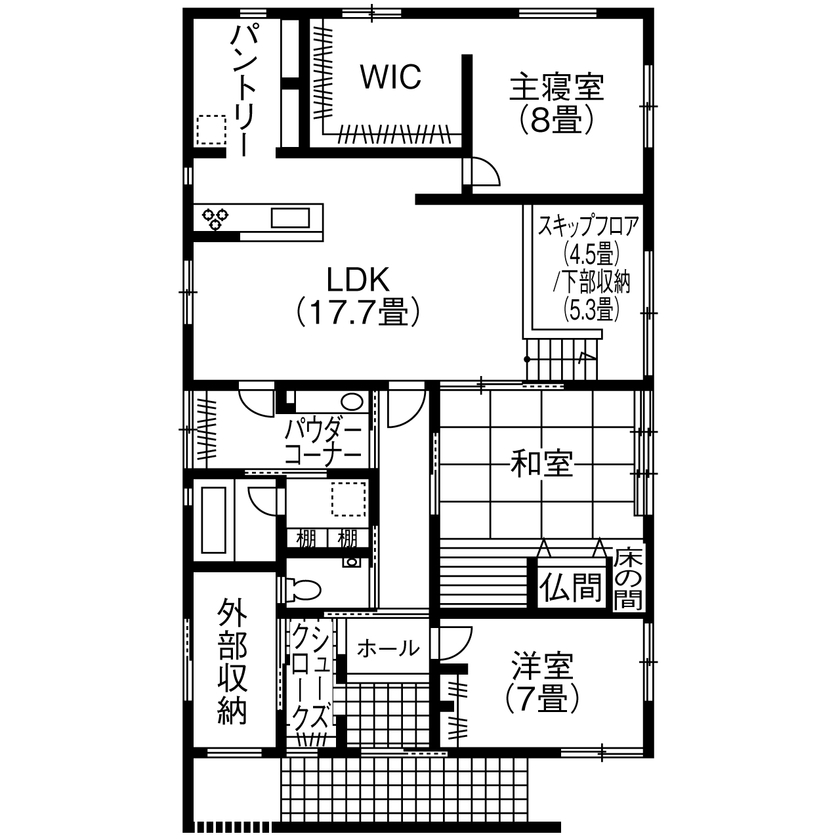マイホームタナカ 【3LDK】縦横に伸びるスキップフロアの開放感と、和モダンの意匠が融合、素敵なイマドキ平屋の住まいの間取り図（3LDK）1階