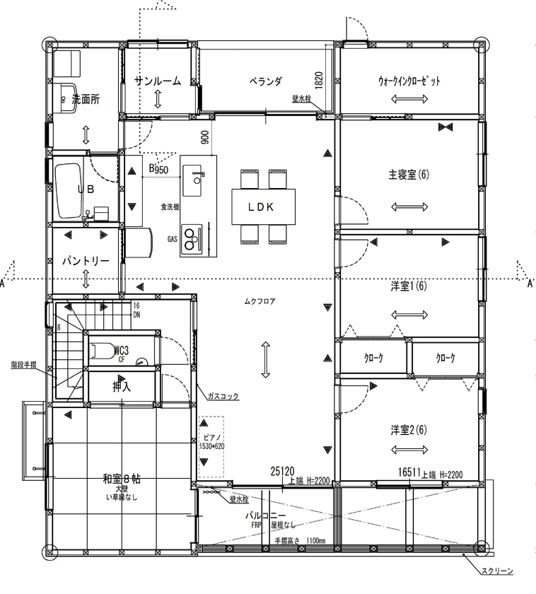 マイホームタナカ オシャレカッコイイ店舗併用住宅の間取り図（４LDK＋1階店舗）2階(居住)