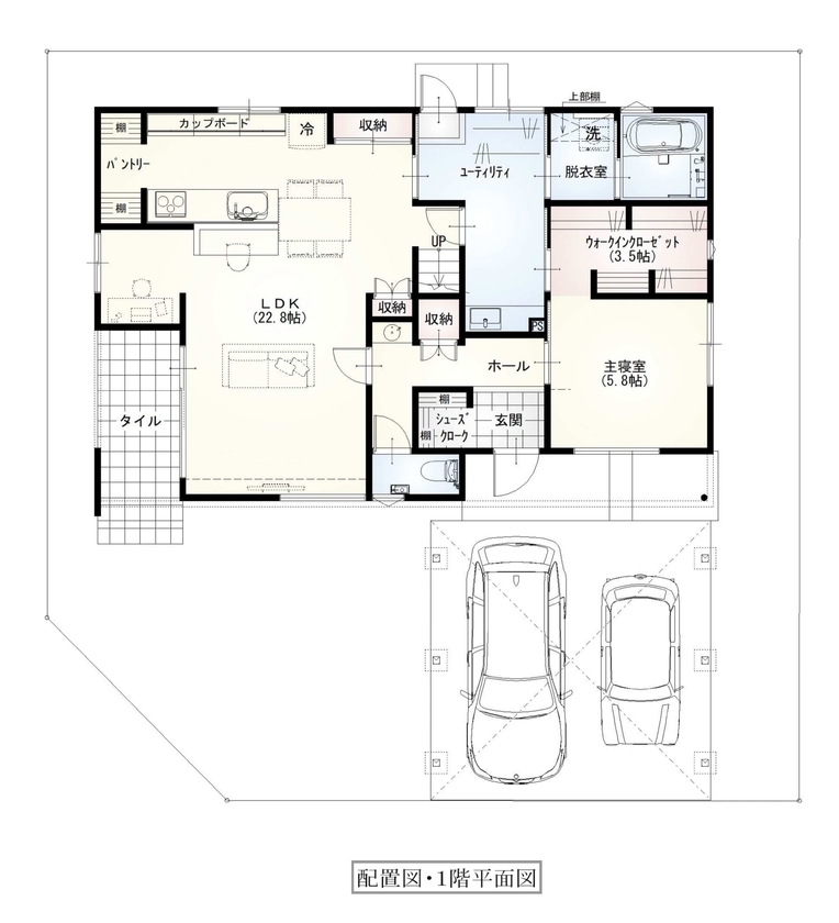 マイホームタナカ 家族の生活動線と収納力が両立したインダストリアルハウスの間取り図（4LDK）1階