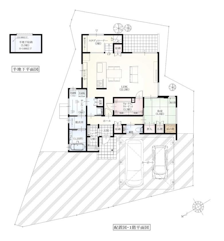 マイホームタナカ 「ただいま」の瞬間から心地良い。寛ぎの空間と快適動線が共存する家の間取り図（3LDK＋第２リビング）1階