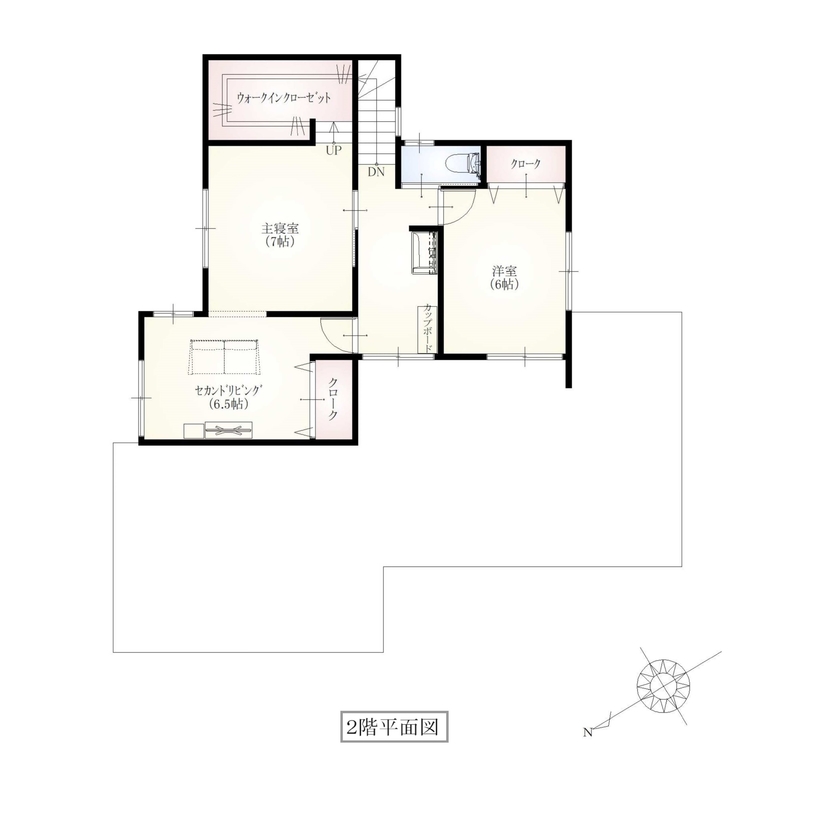 マイホームタナカ 「ただいま」の瞬間から心地良い。寛ぎの空間と快適動線が共存する家の間取り図（3LDK＋第２リビング）2階