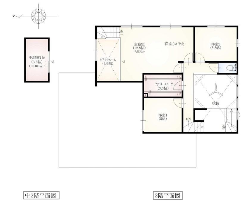 マイホームタナカ 「愛猫との暮らしをデザインする家づくり」×「家事動線を繋ぐインナーガレージの家」の間取り図（3LDK+シアタールーム）2階