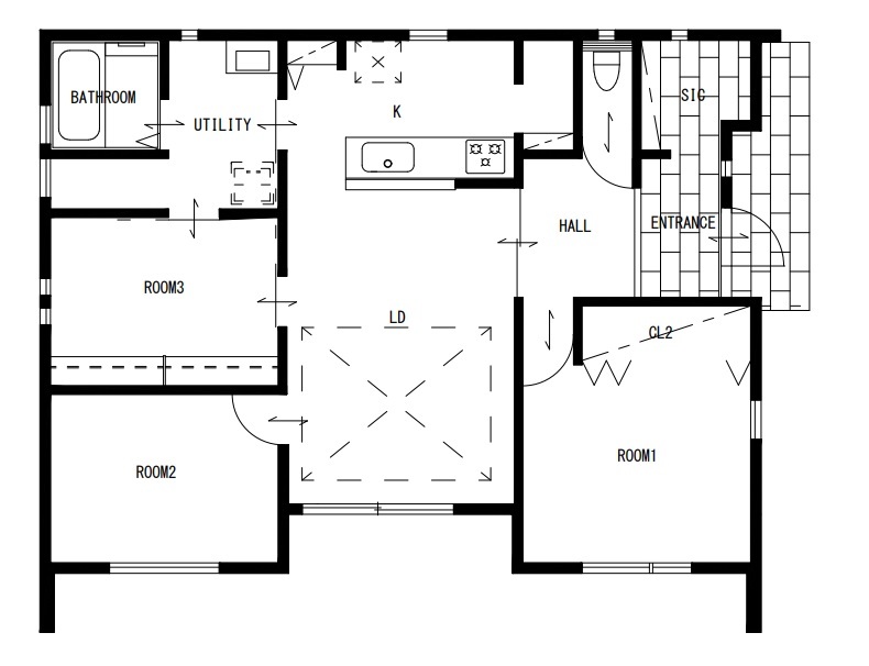 ジブンハウス 【平屋／寒冷地仕様／3LDK／ふたり暮らし／趣味部屋】こだわりアレンジで叶えた自分にピッタリの家の間取り図（3LDK）１階