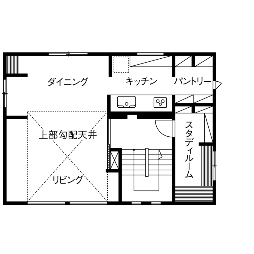東栄住宅（YUTO-IE） 【延床35坪／間取図有】予算にメリハリをつけ、最も長い時間を過ごすLDKを最大限に広く明るく!の間取り図（2LDK+書斎+WIC）2階