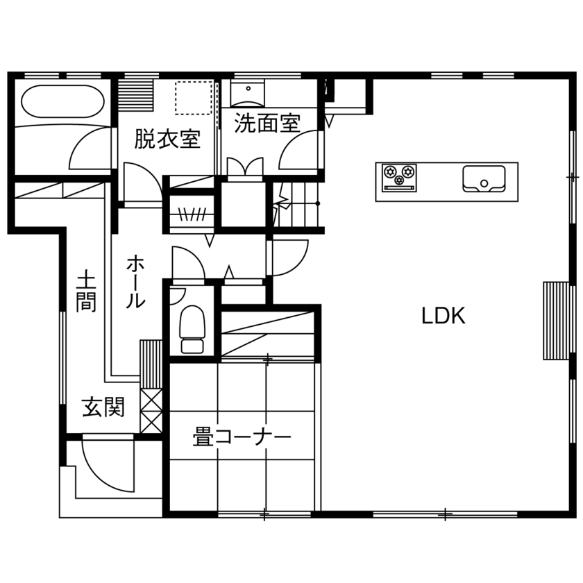 東栄住宅（YUTO-IE） 【延床37.6坪／間取図有】リモートを活用。400km離れた場所から遊び心溢れる住まいをカタチにの間取り図（3LDK+畳コーナー）1階