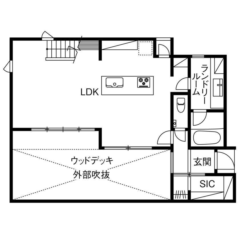 東栄住宅（YUTO-IE） 【延床32.5坪／間取図有】光を採り入れる中庭や2階バルコニーで明るく、心地よく暮らせる家の間取り図（2LDK+中庭）1階