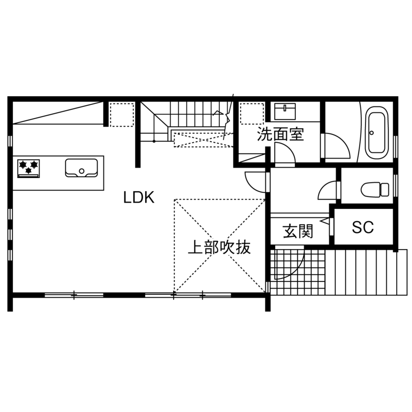 東栄住宅（YUTO-IE） 【延床32.8坪／収納充実／間取図有】開放的な吹き抜けを楽しむ、リゾート風シンプルモダンの住まいの間取り図（3LDK+ロフト）1階