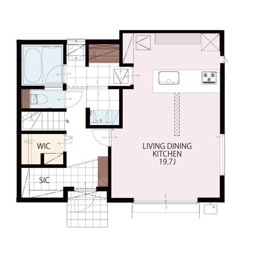 東栄住宅（YUTO-IE） 【延床31.8坪／家事動線／収納／間取図】自分たちのライフスタイルに合わせ、使いやすさにこだわった住まいの間取り図（3LDK+WIC+SIC）1階