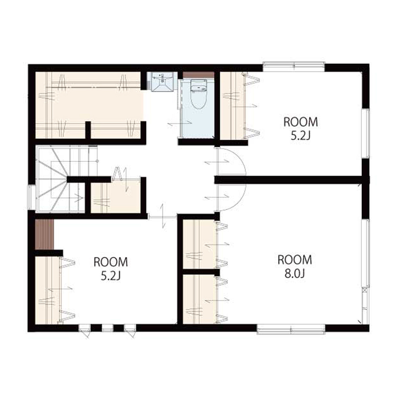 東栄住宅（YUTO-IE） 【延床31.8坪／家事動線／収納／間取図】自分たちのライフスタイルに合わせ、使いやすさにこだわった住まいの間取り図（3LDK+WIC+SIC）2階