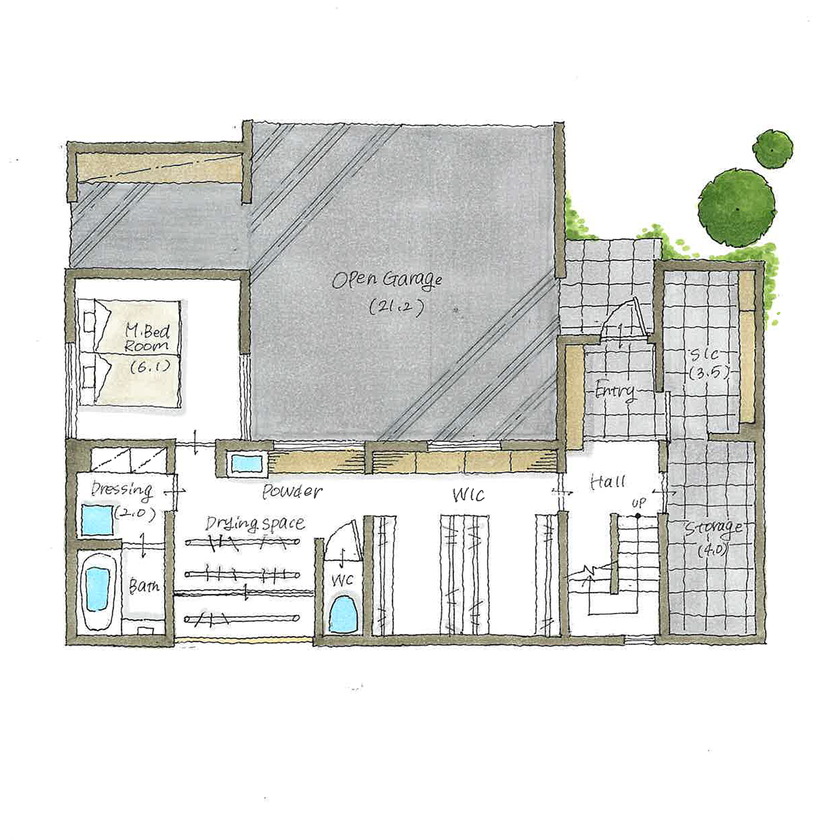 ハウスデザイン建築設計事務所 【3000～3499万円／天童市／2階リビング／ルーフバルコニー】家族と車との暮らしを楽しむインナーガレージの間取り図（4LDK＋中2階）1階