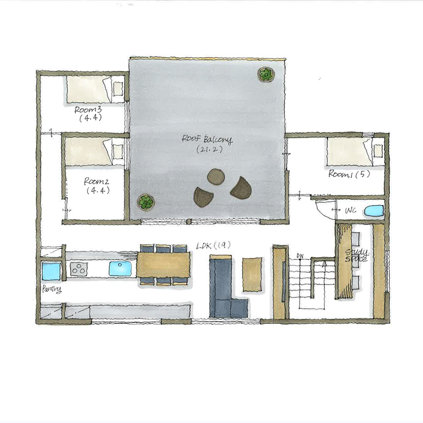 ハウスデザイン建築設計事務所 【3000～3499万円／天童市／2階リビング／ルーフバルコニー】家族と車との暮らしを楽しむインナーガレージの間取り図（4LDK＋中2階）2階
