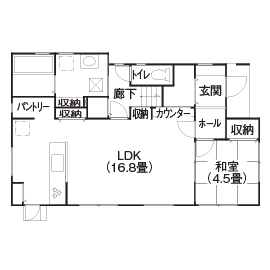 協栄ホーム　奈良店 【施工床面積38.5坪・1780万円】30歳夫婦が実現！土地探しからの注文住宅。技ありのライティングがポイントの間取り図（4LDK）１階