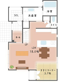 協栄ホーム　奈良店 【33坪1000万円台】香芝市で実現！玄関から水まわりへ直結する、子どもやペットにうれしい動線※間取りありの間取り図（３LDK＋畳コーナー＋中2階納戸）１階