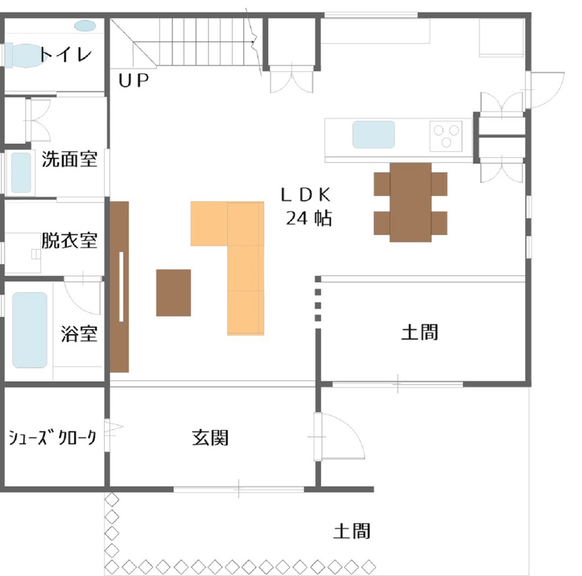 協栄ホーム　奈良店 【奈良/土間/30坪台/2000万円台/間取り図】庭と土間でキャンプ気分！アウトドアライクな家の間取り図（3LDK）１階