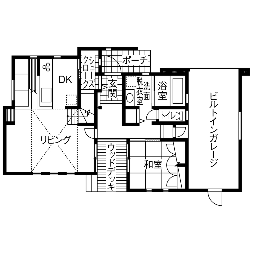 谷川建設 【無垢材／吹き抜け／ビルトインガレージ】自由設計で手に入れた”おひとりさま”マイホームの間取り図（2LDK）1階