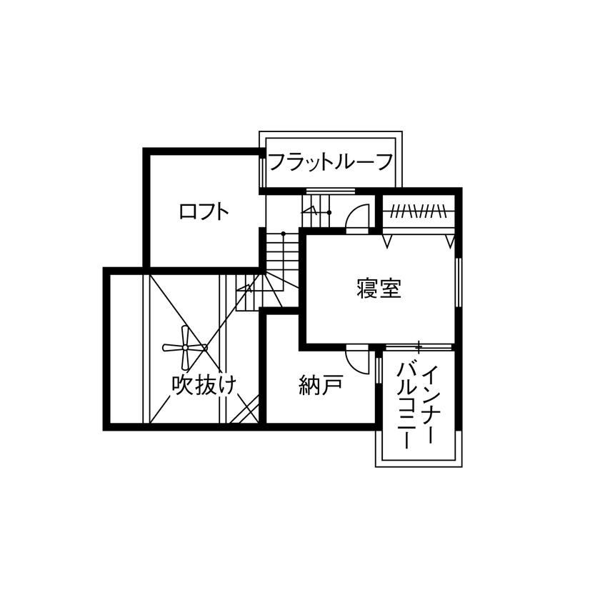 谷川建設 【無垢材／吹き抜け／ビルトインガレージ】自由設計で手に入れた”おひとりさま”マイホームの間取り図（2LDK）2階