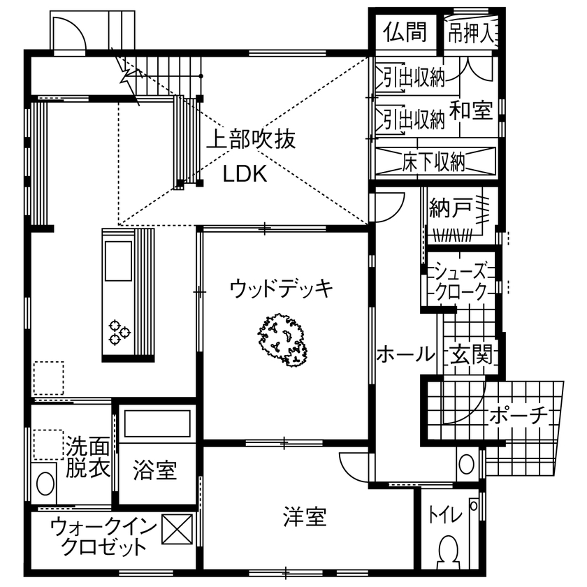 谷川建設 【無垢材／吹き抜け／中庭】至るところに木のぬくもりと巧みな技が光る「ロの字型」の家の間取り図（3LDK）1階