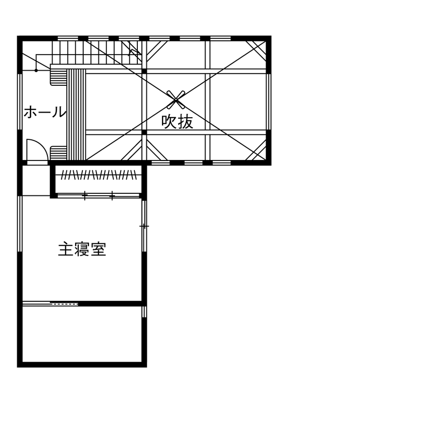 谷川建設 【無垢材／吹き抜け／中庭】至るところに木のぬくもりと巧みな技が光る「ロの字型」の家の間取り図（3LDK）2階