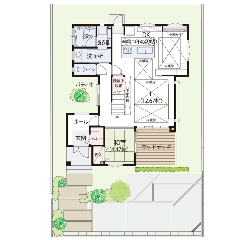 アーティックスホーム BY なかやしき 【2500万円/39坪/間取図有/アイランドキッチン】バルコニー×ウッドデッキでアウトドアリビングを楽しむの間取り図（4LDK）1階