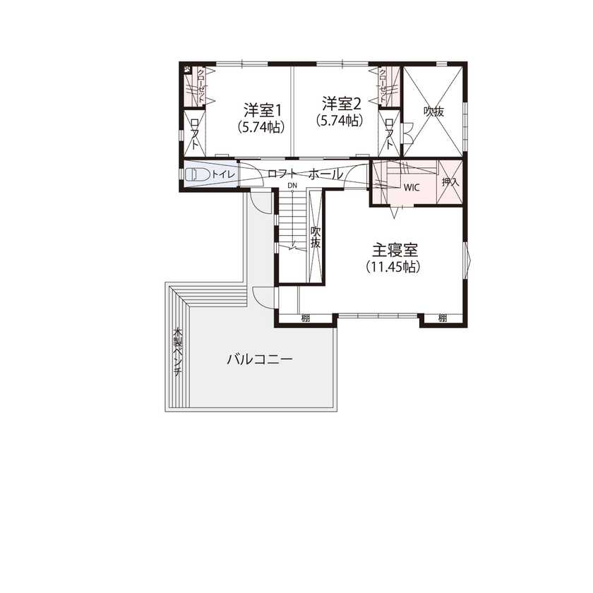 アーティックスホーム BY なかやしき 【2500万円/39坪/間取図有/アイランドキッチン】バルコニー×ウッドデッキでアウトドアリビングを楽しむの間取り図（4LDK）2階