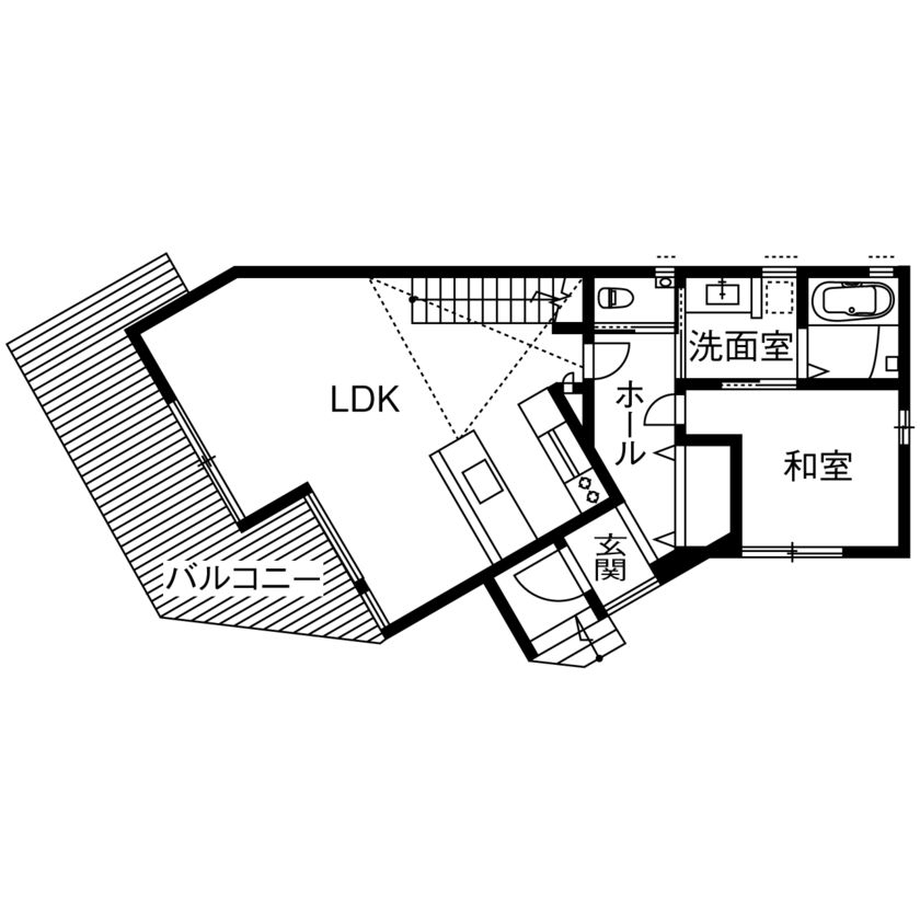 『湘南で家を建てるなら。』 サンキホーム 【湘南/逗子市/2000万円台/24坪/自然素材/間取り図有/海が見える家】高低差のある変形地でも。叶った夢。の間取り図（2LDK）1階