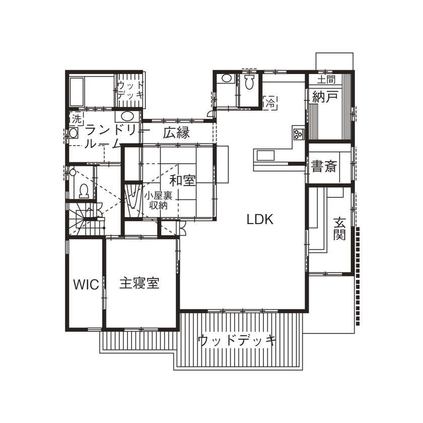 杉内建設 【本体価格3180万円／約47坪／平屋】ダイナミックな梁現しのリビングから庭のロケーションを楽しむ和の平屋の間取り図（3LDK+4S(収納)）1階