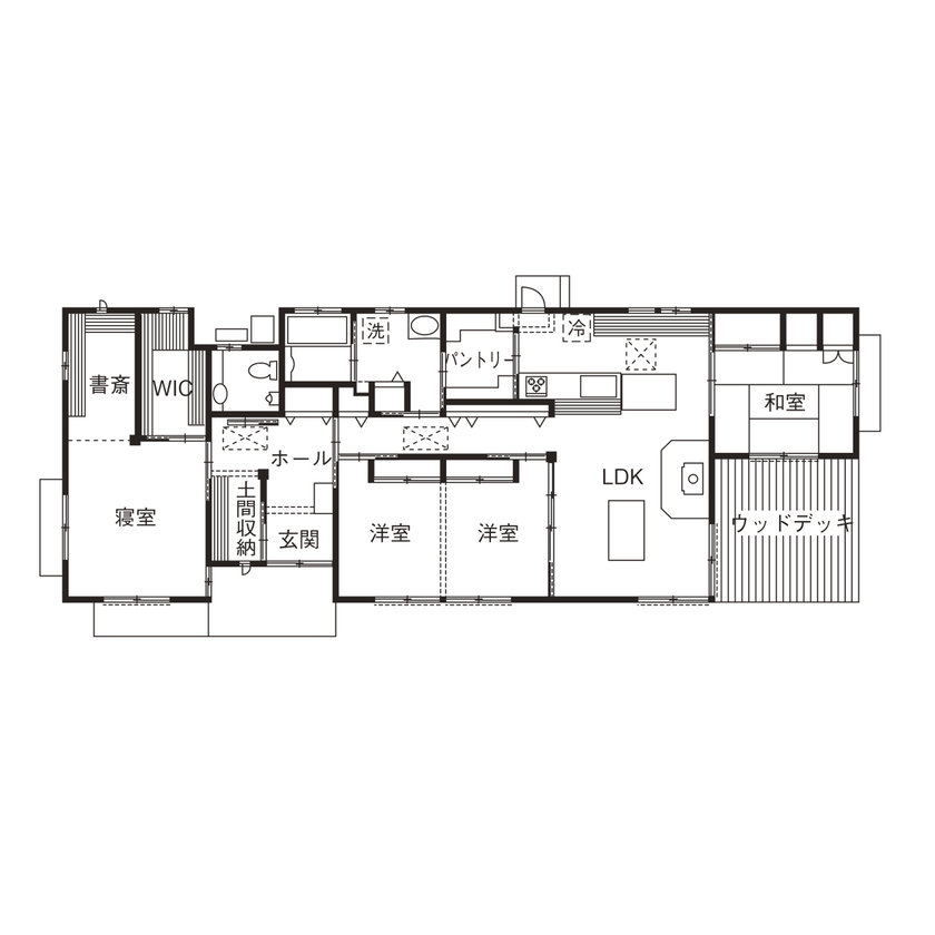杉内建設 【本体価格2380万円/約45坪/平屋】存在感ある現しの梁、広々と感じる勾配天井。ゆっくりと時間が流れる平屋の間取り図（4LDK）1階