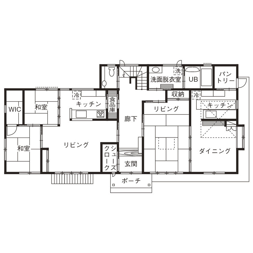 杉内建設 【本体価格3052万円/60坪/二世帯住宅】職人技が光る美しいむくり屋根と古民家を思わせる柿渋色の杉の外壁の間取り図（5LLDKK＋小屋裏収納）1階