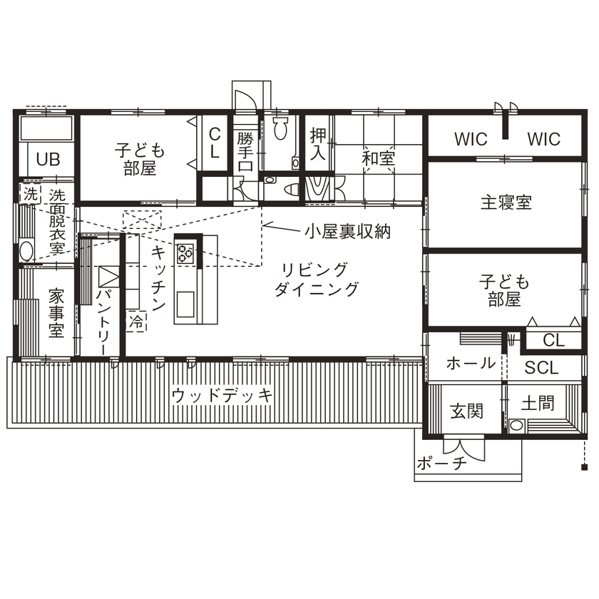 杉内建設 【本体価格2423万円/40.3坪/平屋】蓄電池付き！全館空調の平屋。ドッグラン付きのお庭にワンちゃんも大満足の間取り図（4LDK＋小屋裏収納）1階