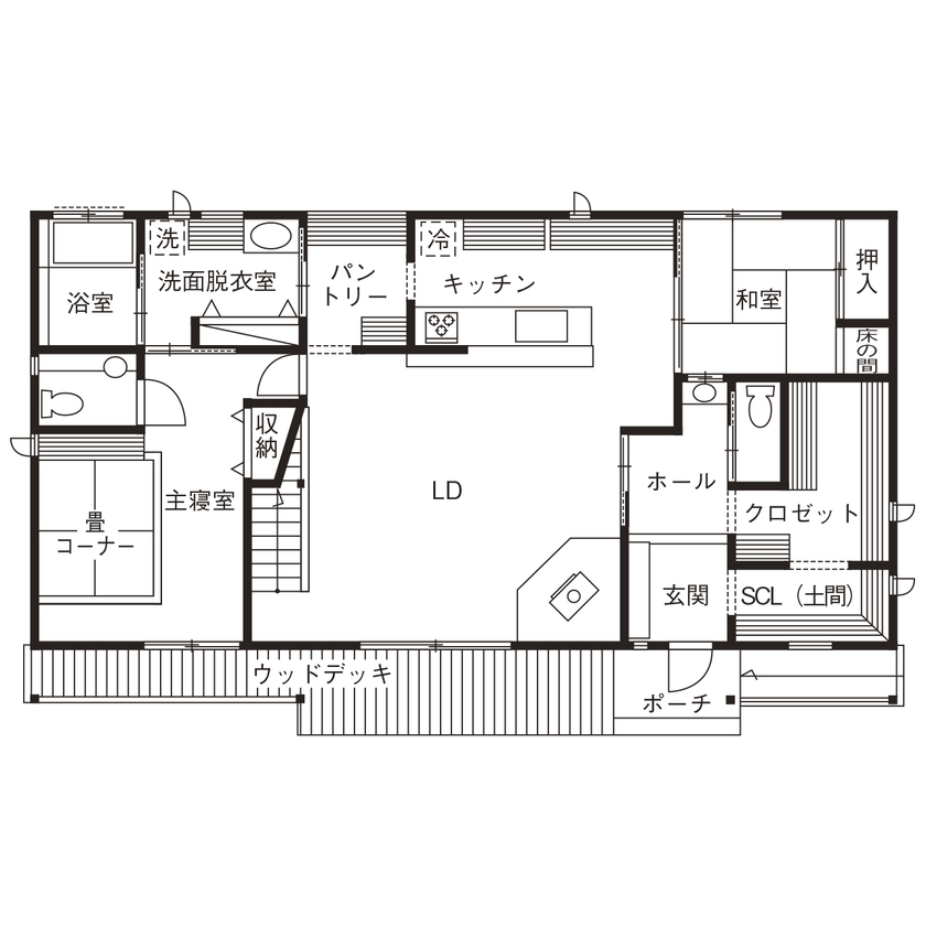 杉内建設 【本体価格2400万円/38坪/二階建て】焼杉の外壁にレンガ造りの炉壁。和洋の伝統が融合した家の間取り図（3LDK＋小屋裏収納）1階