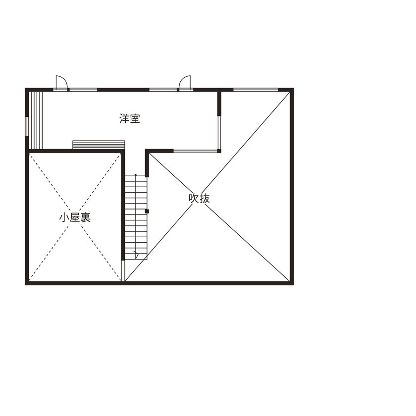 杉内建設 【本体価格2400万円/38坪/二階建て】焼杉の外壁にレンガ造りの炉壁。和洋の伝統が融合した家の間取り図（3LDK＋小屋裏収納）2階