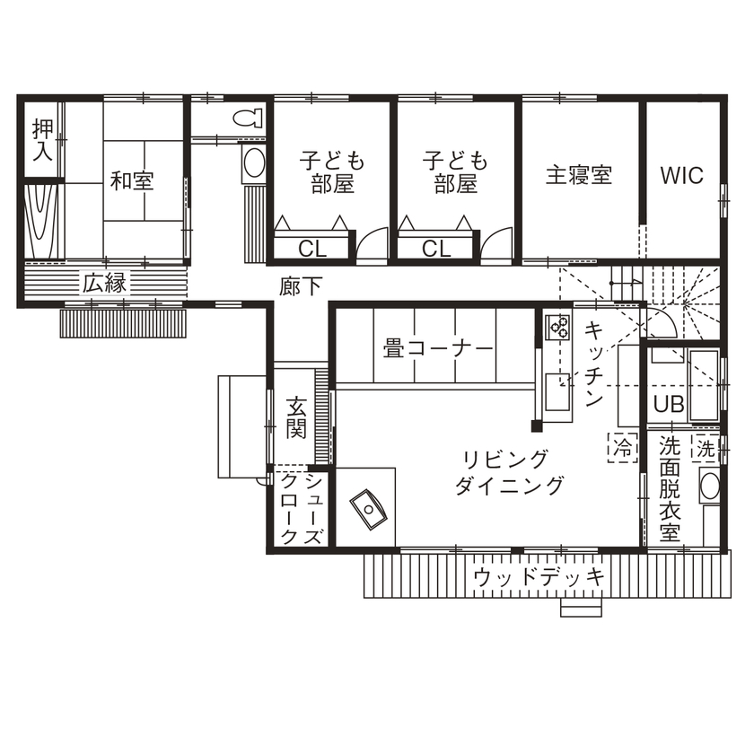 杉内建設 【本体価格2196万円/37坪/平屋】化粧垂木が美しい　自然素材をふんだんに使った小上がり畳がある和風の平屋の間取り図（4LDK）1階