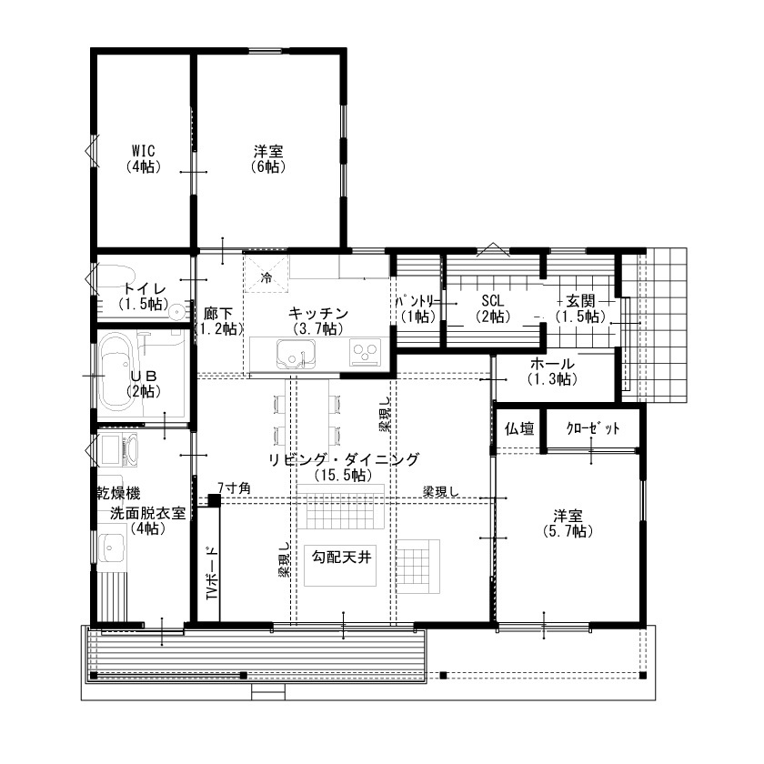 杉内建設 【本体価格1944万円/28.4坪/平屋】全室床暖房、家事室完備！家事ラク動線で楽メンテのちいさな平屋の間取り図（2LDK）1階