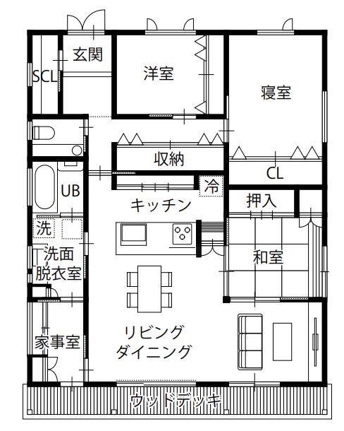 杉内建設 【本体価格2181万円/32坪/平屋】あみだ意匠障子が個性的な木曽檜が香る平屋の間取り図（3LDK＋家事室）1階