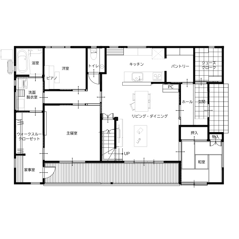 杉内建設 【本体価格2353万円/30坪/平屋】地球にもお財布にも優しい高断熱・省エネ自然素材の平屋の間取り図（3LDK＋ロフト＋洗濯室）1階