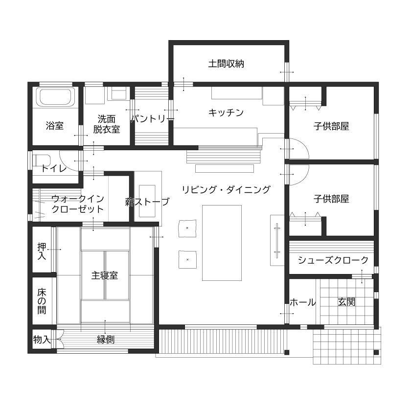 杉内建設  【本体価格2325万円/35坪/平屋】造作カウンターキッチンで家族と晩酌を楽しむ薪ストーブのある純和風住宅の間取り図（3LDK＋3S(収納)）１階