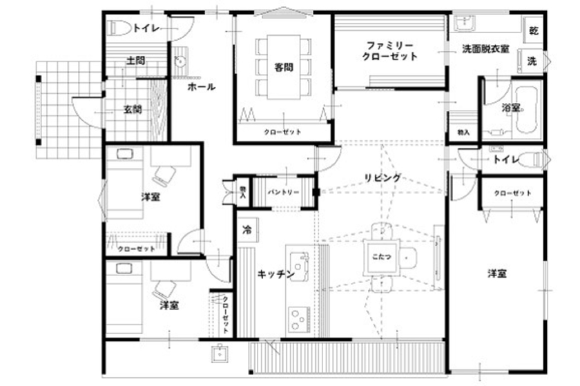 杉内建設 【本体価格2390万円/約35坪/平屋】木目の美しい軒天上が全方向から楽しめる寄棟の平屋の間取り図（4LDK）1階