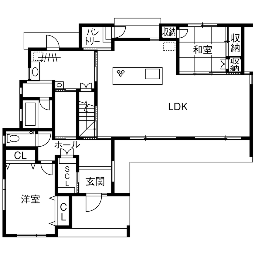Nstyle+oneナカヒロハウジング 【2500万円～2999万円×大空間】雪を落とす大きな傾斜の屋根。タイルデッキはみんなが集まる楽しい空間の間取り図（5K以上）1階