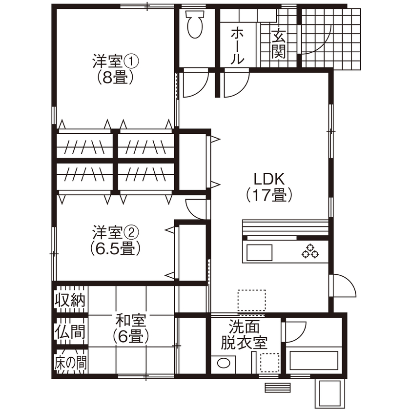 タナカホーム 【1500万円台／平屋】開放的なリビングと計算された収納…。将来を見据えた快適なバリアフリー仕様も魅力の間取り図（3LDK）１階